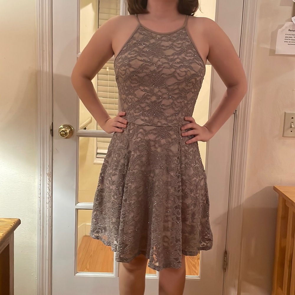 Honey and Rosie Sparkle Gold Beige Floral Sheer Lace Dress